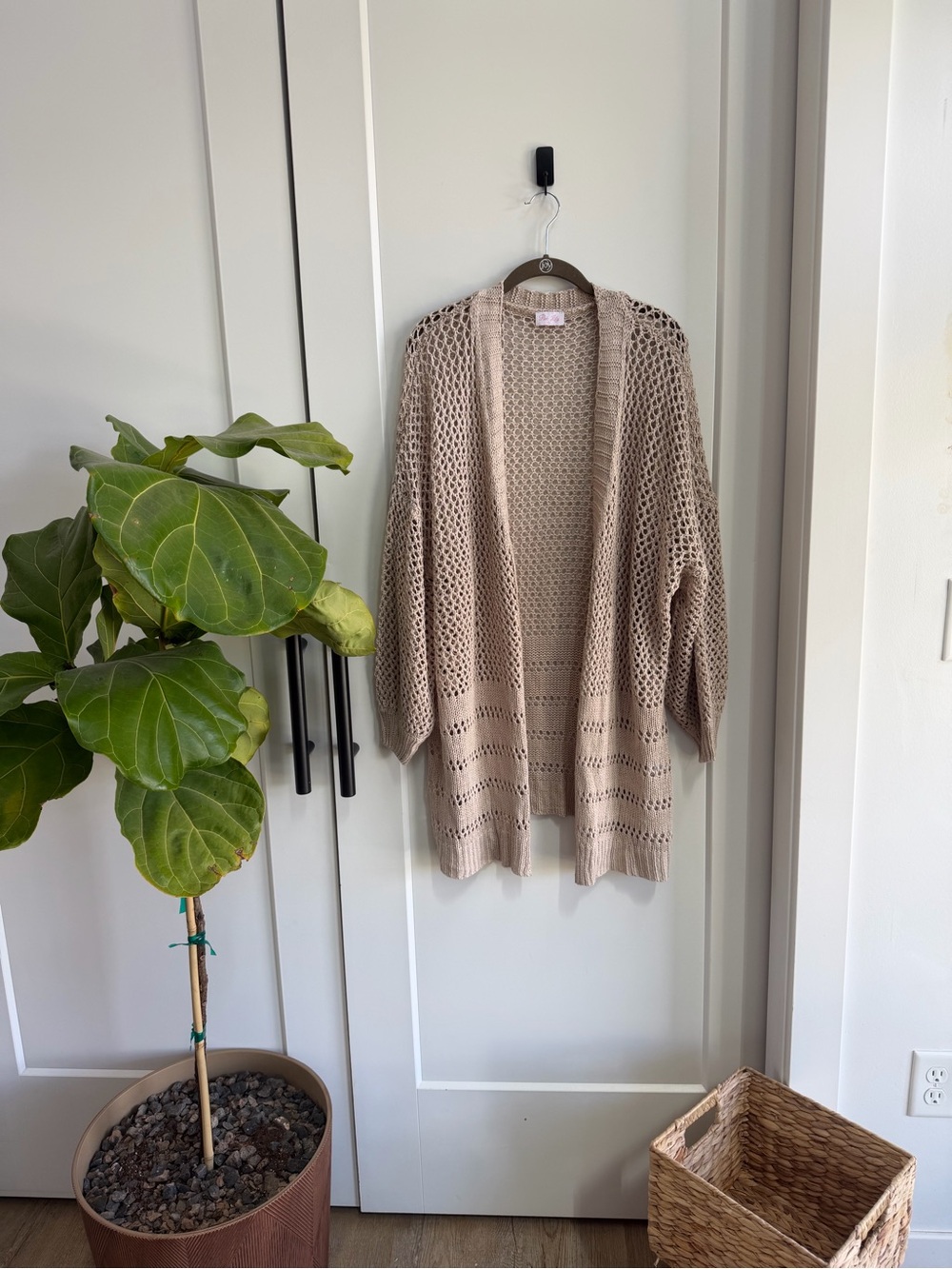 🌻 Sz Small Pink Lily Open-Knit Long Cardigan Sweater - Taupe